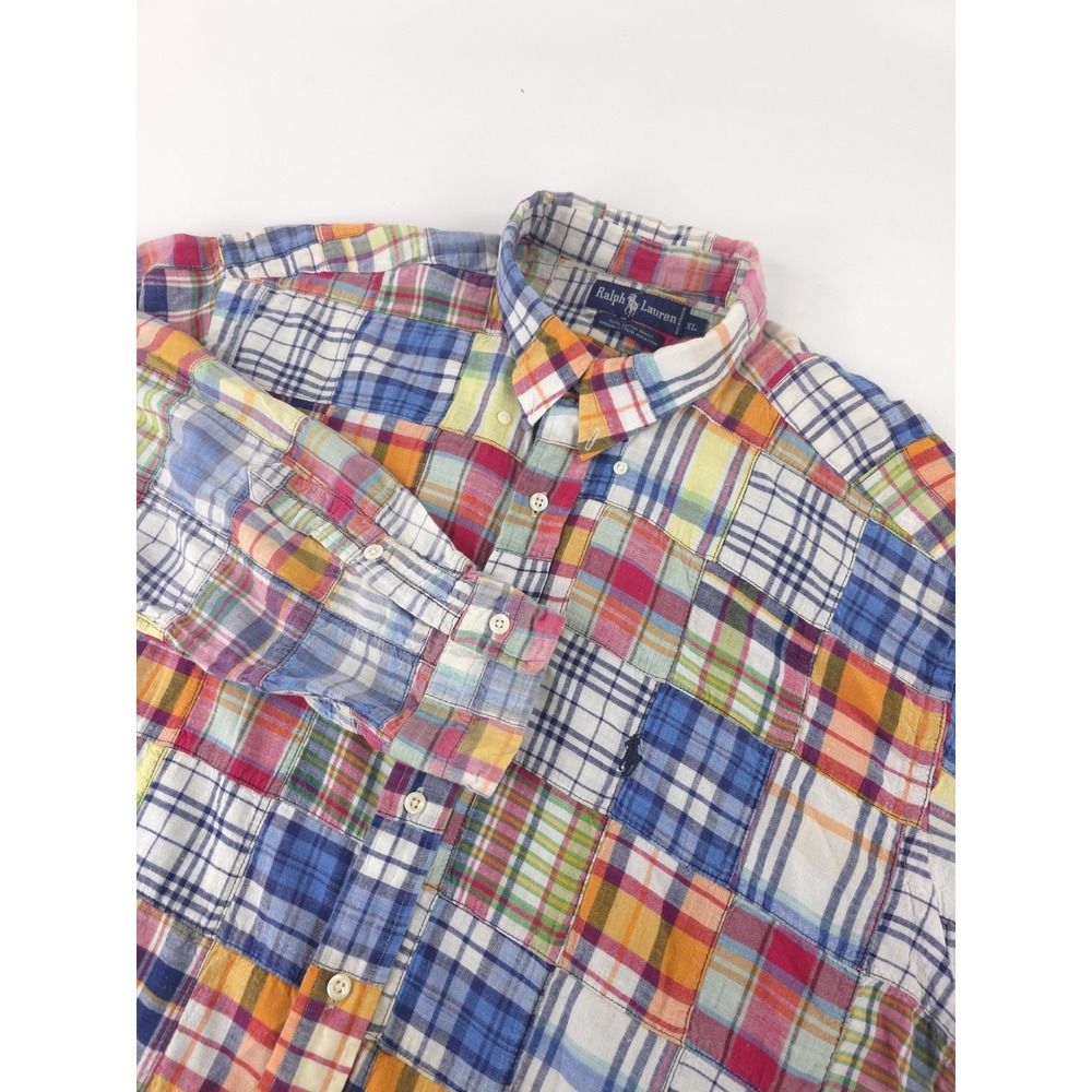 VINTAGE Polo Ralph Lauren Shirt Mens XL Plaid Patchwork Madras Button Up